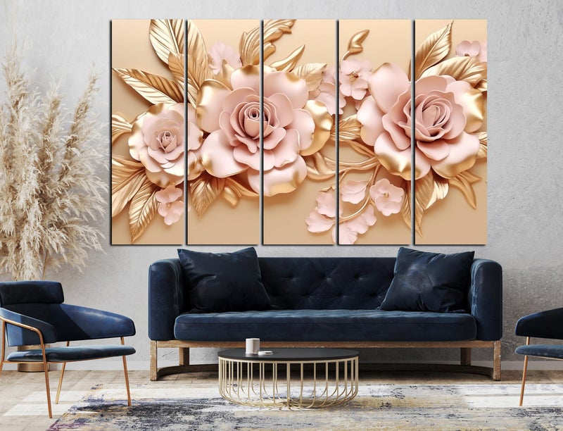 CN RETAILS Modern Art Flower 3D Wall painting Big Size setof 5 (48x30) Wall Art for Bedroom,Drawing room,Hotels-Wooden Framed-Digital Painting ss12_01 - Image 2