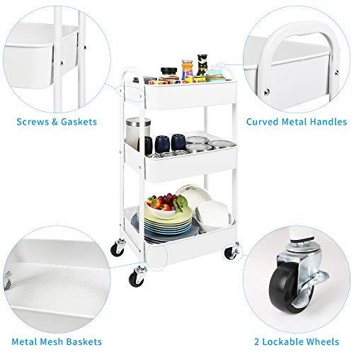 MAX Houser 3-Tier Rolling Utility Cart with Caster Wheels,Easy Assembly, for Kitchen, Bathroom (White) - Image 3
