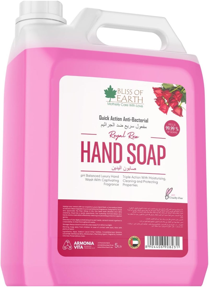 BLISS OF EARTH Hand Wash Liquid 5ltr Refill Refreshing Royal Rose Hand Soap Refill with Antibacterial Protection Moisturizing Formula and Aromatic Fragrance Perfect for Hotel Office and Home 5 Litres  - Image 1