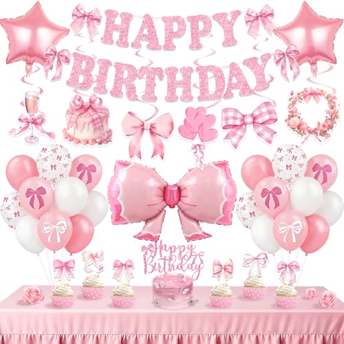 Bolake Pink Bow Birthday Party Decorations Girl Bow Themed Party Decorations Include Happy Birthday Banner Hanging Swirls Balloons Cake Toppers for Girls Baby Shower Bridal Shower Bachelorette Party Decor - Image 1