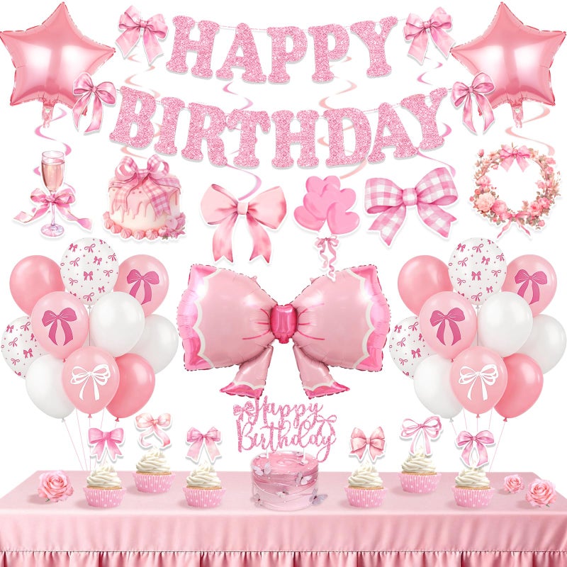 Bolake Pink Bow Birthday Party Decorations Girl Bow Themed Party Decorations Include Happy Birthday Banner Hanging Swirls Balloons Cake Toppers for Girls Baby Shower Bridal Shower Bachelorette Party Decor - Image 2