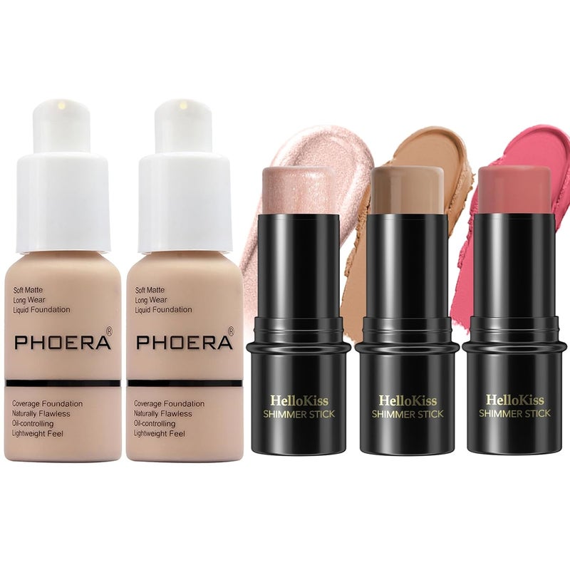 Hilareco PHOERA Foundation3 PCS Contour Stick Makeup KitShades with Highlighter StickBlush Stick and Bronzer ContourPHOERA Makeup Matte Natural Finish 102102 FairLight ContourNude Nude030912