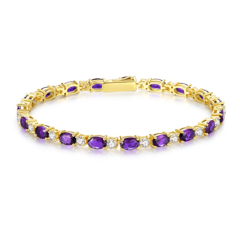 FANCIME 14K Gold Plated February Birthstone Bracelets Sterling Silver Created Amethyst Tennis Bracelet Oval Gemstone Gold Bracelets for Women 7