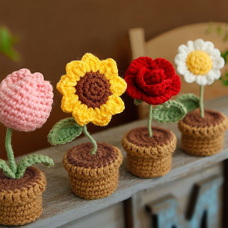 1pc Hand Knitted Crocheted Yarn Artificial Simulation Potted Plant Double Leaf Small Daisy Flower Home Office Desk Decoration Mother Day Anniversary Birthday Valentine Gift - Image 1