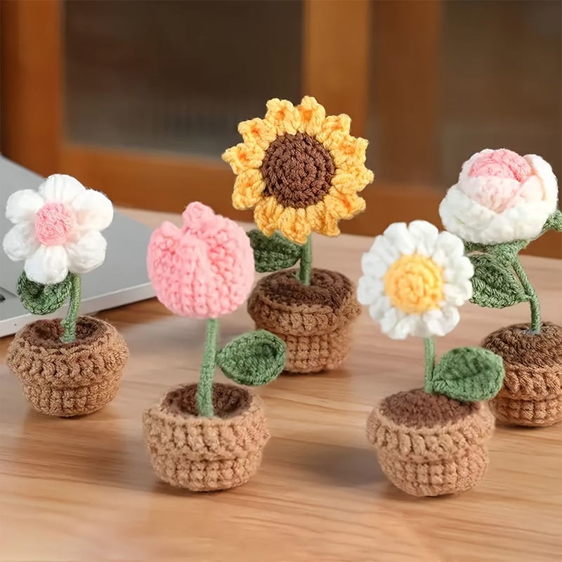 1pc Hand Knitted Crocheted Yarn Artificial Simulation Potted Plant Double Leaf Small Daisy Flower Home Office Desk Decoration Mother Day Anniversary Birthday Valentine Gift - Image 5