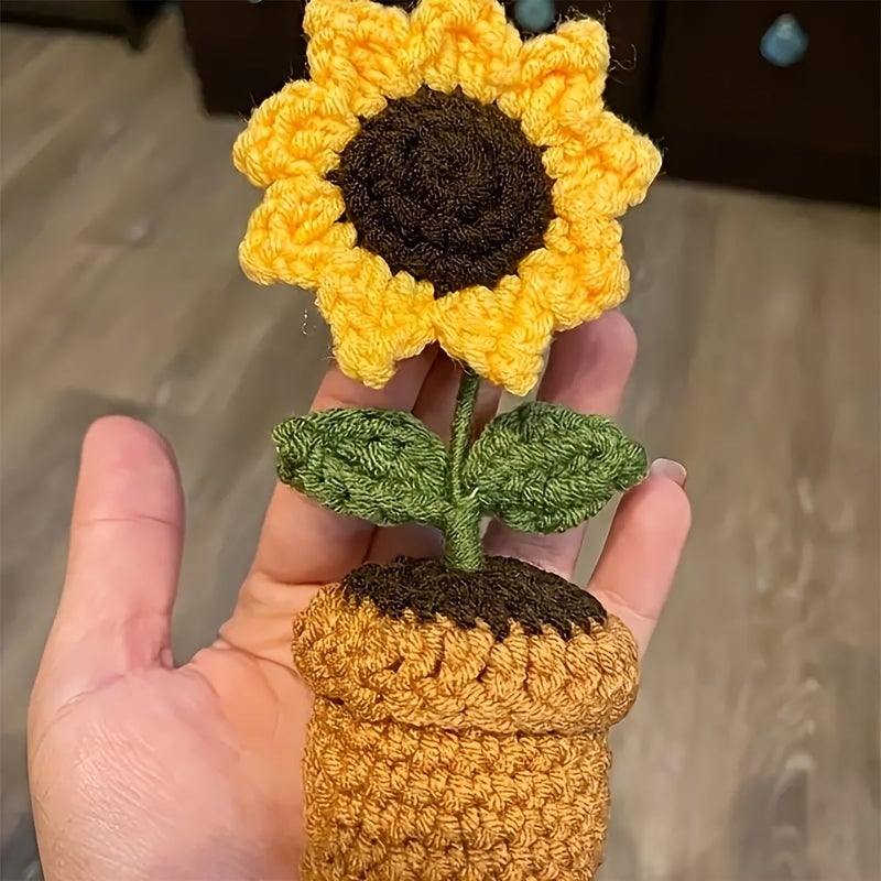 1pc Hand Knitted Crocheted Yarn Artificial Simulation Potted Plant Double Leaf Small Daisy Flower Home Office Desk Decoration Mother Day Anniversary Birthday Valentine Gift - Image 3