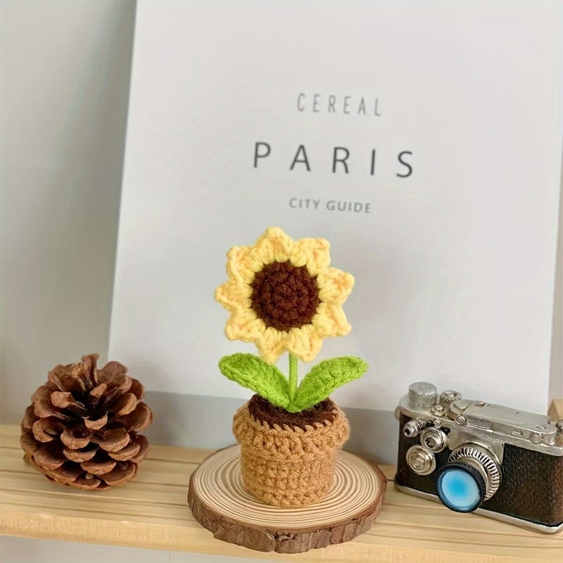 1pc Hand Knitted Crocheted Yarn Artificial Simulation Potted Plant Double Leaf Small Daisy Flower Home Office Desk Decoration Mother Day Anniversary Birthday Valentine Gift - Image 2