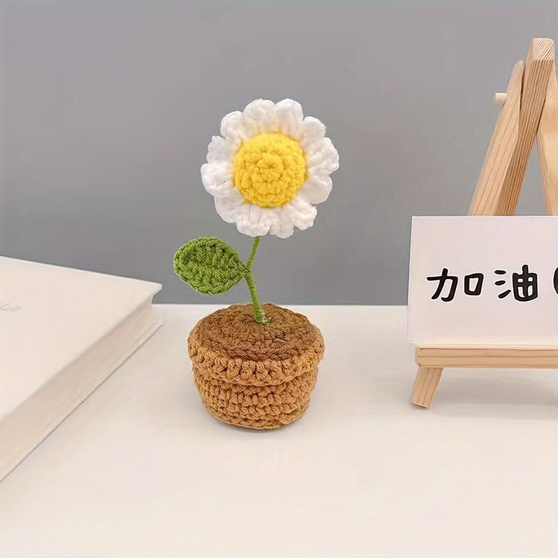 1pc Hand Knitted Crocheted Yarn Artificial Simulation Potted Plant Double Leaf Small Daisy Flower Home Office Desk Decoration Mother Day Anniversary Birthday Valentine Gift - Image 4