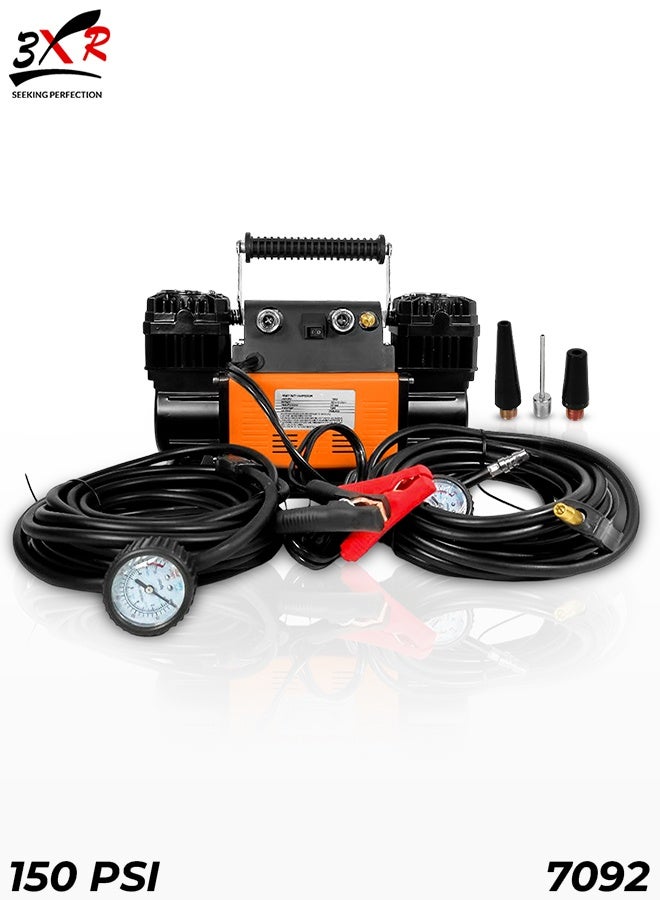 3 اكس ار ضاغط هواء مزدوج الأسطوانات 3XR 7092 عالي التحمل، 150 رطل/بوصة مربعة، 300 لتر/دقيقة، مع حماية حرارية تلقائية، 13.8 فولت، 1.5 حصان، خرطوم هواء 2 × 26 قدمًا، حقيبة حمل، و3 محولات فوهات للسيارة والشاحنة والدراجة والسيارة الترفيهية والقارب - Image 1