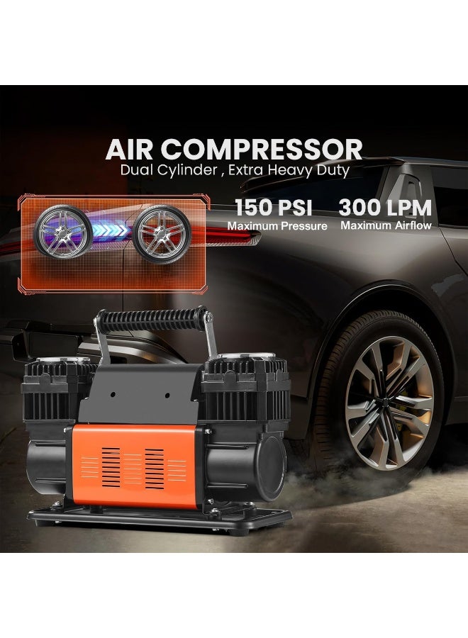 3 اكس ار ضاغط هواء مزدوج الأسطوانات 3XR 7092 عالي التحمل، 150 رطل/بوصة مربعة، 300 لتر/دقيقة، مع حماية حرارية تلقائية، 13.8 فولت، 1.5 حصان، خرطوم هواء 2 × 26 قدمًا، حقيبة حمل، و3 محولات فوهات للسيارة والشاحنة والدراجة والسيارة الترفيهية والقارب - Image 4