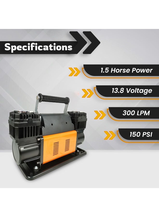 3 اكس ار ضاغط هواء مزدوج الأسطوانات 3XR 7092 عالي التحمل، 150 رطل/بوصة مربعة، 300 لتر/دقيقة، مع حماية حرارية تلقائية، 13.8 فولت، 1.5 حصان، خرطوم هواء 2 × 26 قدمًا، حقيبة حمل، و3 محولات فوهات للسيارة والشاحنة والدراجة والسيارة الترفيهية والقارب - Image 5