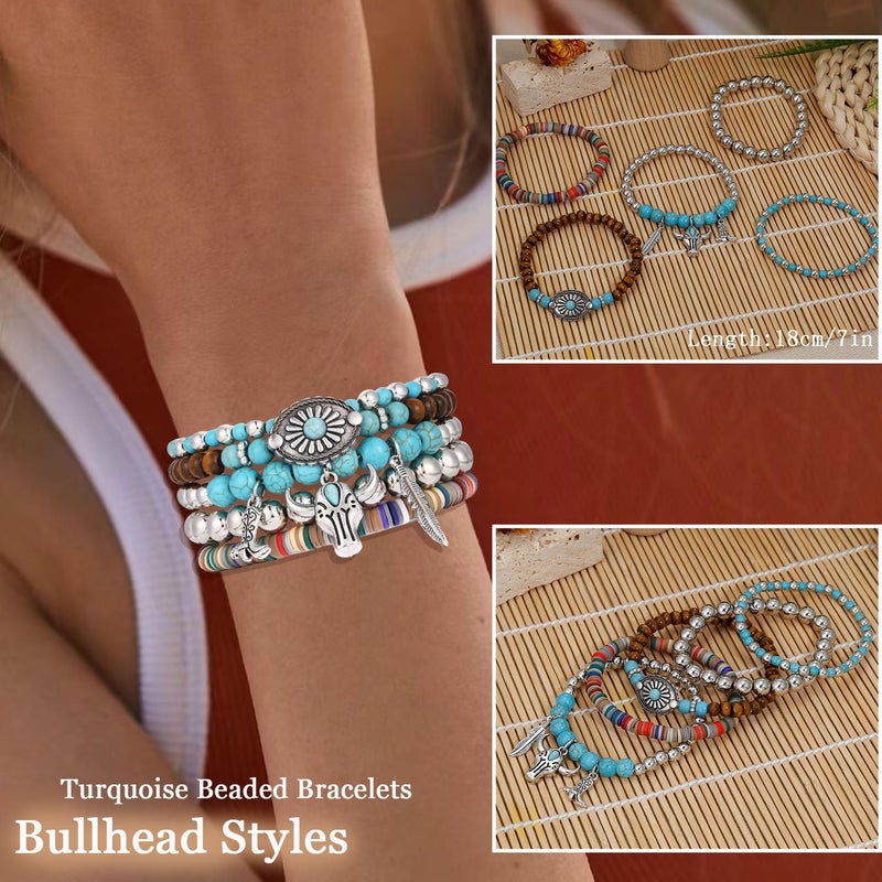 COLOYAN 28PCS Western Bracelets for Women Stackable, Stretch Charm Bohemian Bracelet Stacks, Vintage Turquoise Bead Bracelet Western Jewelry - Image 2