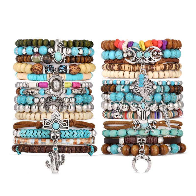COLOYAN 28PCS Western Bracelets for Women Stackable, Stretch Charm Bohemian Bracelet Stacks, Vintage Turquoise Bead Bracelet Western Jewelry - Image 1