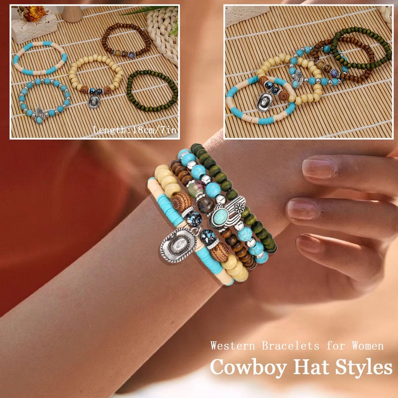 COLOYAN 28PCS Western Bracelets for Women Stackable, Stretch Charm Bohemian Bracelet Stacks, Vintage Turquoise Bead Bracelet Western Jewelry - Image 4