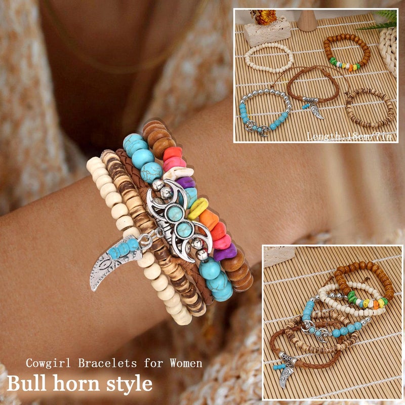 COLOYAN 28PCS Western Bracelets for Women Stackable, Stretch Charm Bohemian Bracelet Stacks, Vintage Turquoise Bead Bracelet Western Jewelry - Image 3