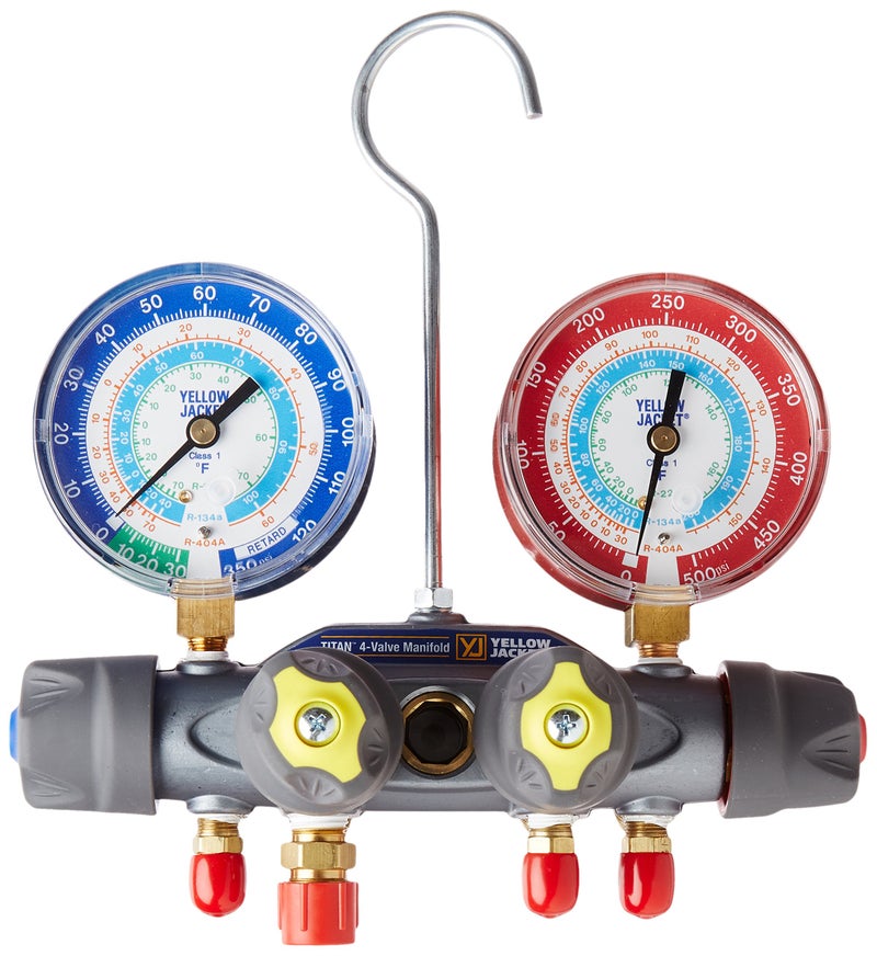 Yellow Jacket 49983 Manifold Only Degrees F, psi Scale, R-22/134A/404A Refrigerant, Red/Blue Gauges - Image 5