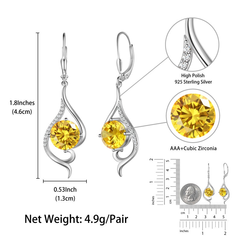Juwaliy Women Dangle Earrings Citrine November Birthstone Sterling Silver Leverback Earrings Yellow CZ Tail Jewelry Christmas Valentine Birthday Mother's Day Gift for Her - Image 2