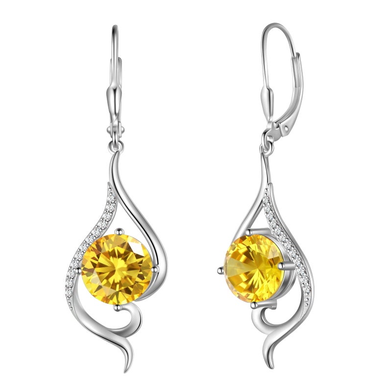 Juwaliy Women Dangle Earrings Citrine November Birthstone Sterling Silver Leverback Earrings Yellow CZ Tail Jewelry Christmas Valentine Birthday Mother's Day Gift for Her - Image 1
