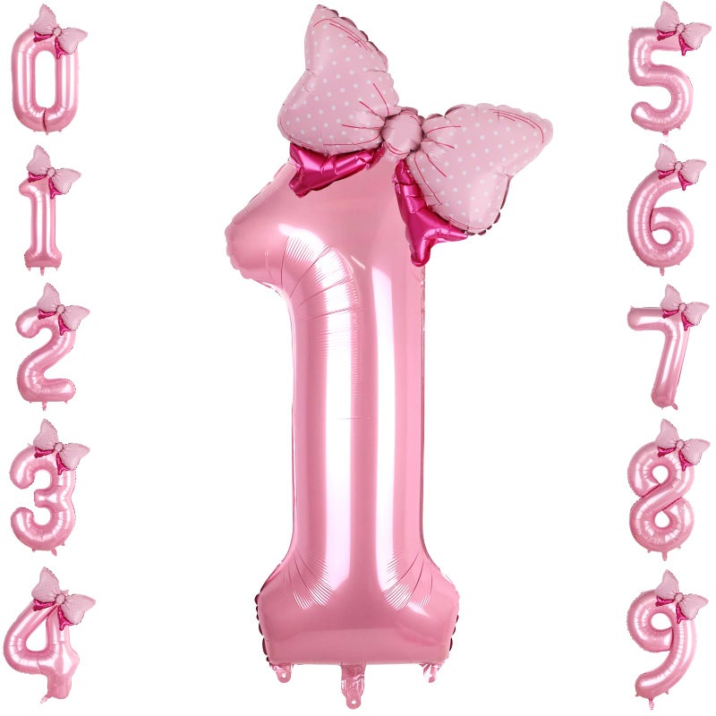 LEBERY Pink Bow Balloons 40 Inch Pink Number 1 Balloon Jumbo Number One Birthday Balloons for Girls, Mini Bowtie Foil Balloon for Princess Cowgirl Mouse Themed 1st Birthday Baby Shower Decorations - Image 1
