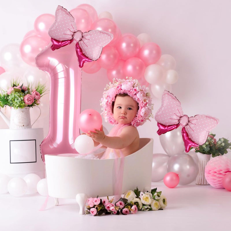LEBERY Pink Bow Balloons 40 Inch Pink Number 1 Balloon Jumbo Number One Birthday Balloons for Girls, Mini Bowtie Foil Balloon for Princess Cowgirl Mouse Themed 1st Birthday Baby Shower Decorations - Image 4