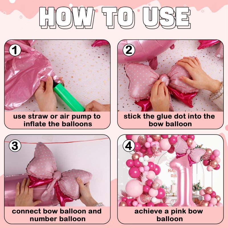 LEBERY Pink Bow Balloons 40 Inch Pink Number 1 Balloon Jumbo Number One Birthday Balloons for Girls, Mini Bowtie Foil Balloon for Princess Cowgirl Mouse Themed 1st Birthday Baby Shower Decorations - Image 5