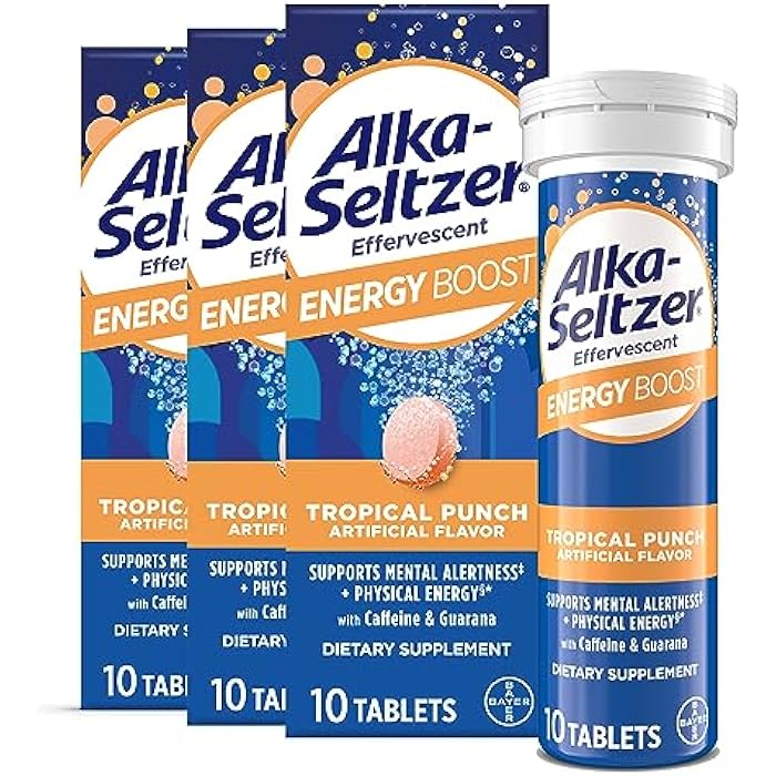 Alka-Seltzer Energy Boost: Caffeine & Guarana, B Vitamins, Supports Mental Alertness and Physical Energy, Daily Energy Supplement, Fizzy Tablets, Sugar-Free, Light Tropical Punch Flavor, 30ct - Image 1