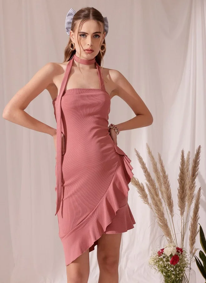 STREET 9 Pink Halter Neck A-Line Ruffled Dress for Women