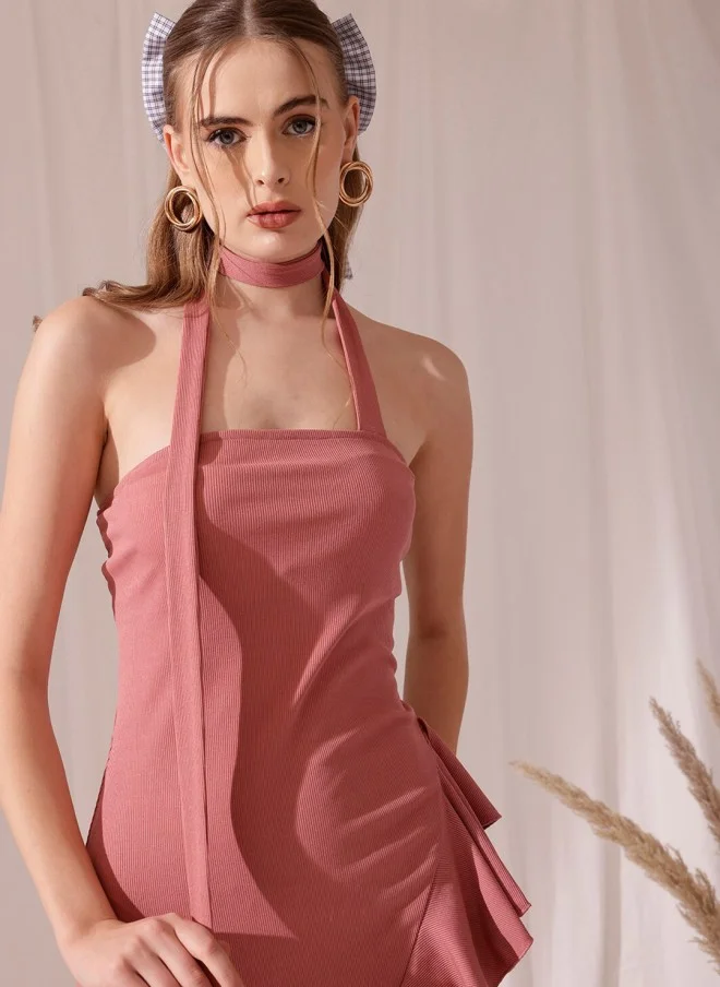 STREET 9 Pink Halter Neck A-Line Ruffled Dress for Women