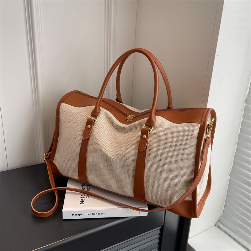 Women's Vintage Canvas Travel Tote Bag Large Capacity Color Block Duffel for Gym and Short Trips - Image 1