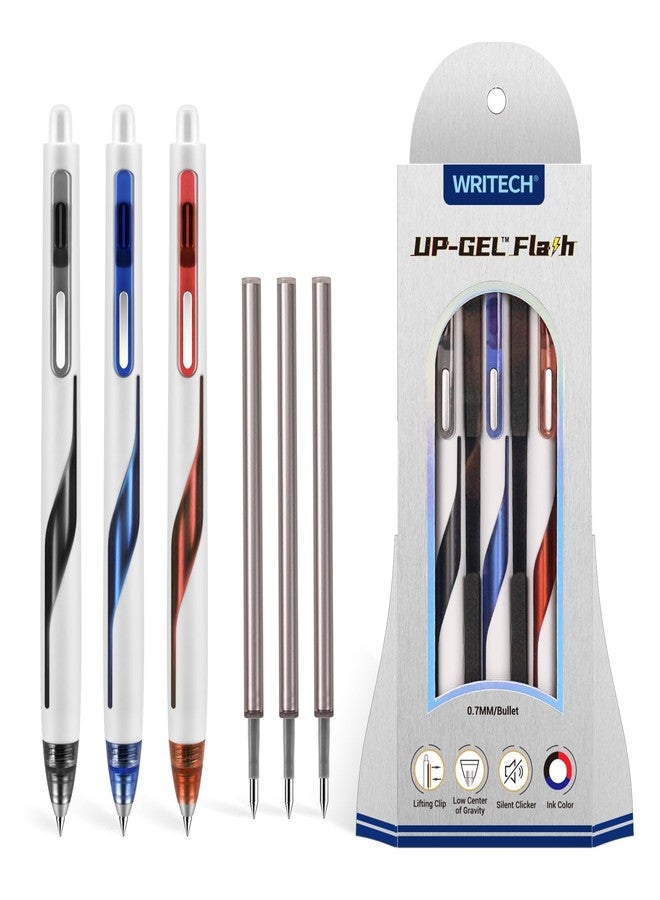 WRITECH أقلام حبر جاف قابلة للسحب من WRITECH: قلم ذو مركز ثقل منخفض، سن متوسط 0.7 مم، متعدد الألوان مع عبوات إعادة تعبئة، لا يلطخ، نقرة صامتة، أسود، أزرق، أحمر، 3 قطع، حبر جاف لامع - Image 1