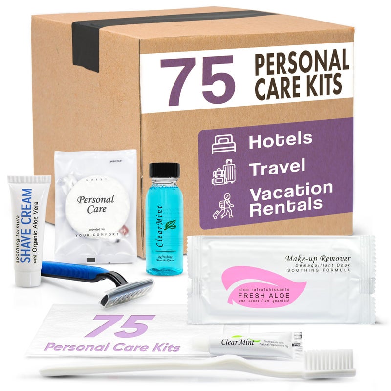 Terra Pure Personal Care Travel Toiletries  1Shoppe Amenities Kit  Travel Shaving Set Toothbrush  Paste Mouthwash Makeup Wipes Swabs Nail File  Sewing Kit  75 Pieces