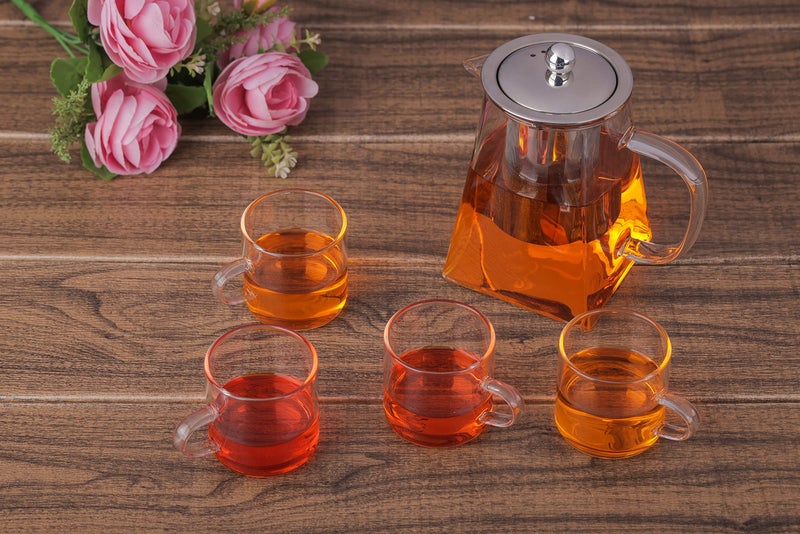 ZROY ENTERPRISE Borosilicate Glass Square Tea Pot with Heat Resistant Stainless Steel Infuser Perfect for Tea and Coffee Maker, Clear Glass Kettle with 4 Cups (550 ML, Square Kettle with Cups) - Image 1
