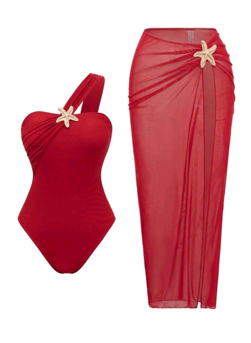 Shein Stylish High-End Beach Holiday Summer One-Piece Star Decoration Swimwear And Skirt Set Vacation - Image 3