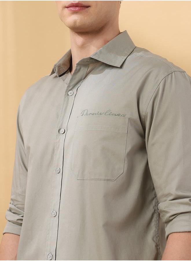 Dennis Lingo Men's Light Grey Poplin Solid Pattern Button Down Regular FiT-Shirt  - Image 3