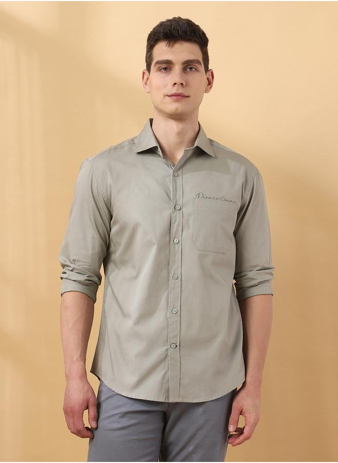 Men's Light Grey Poplin Solid Pattern Button Down Regular FiT-Shirt