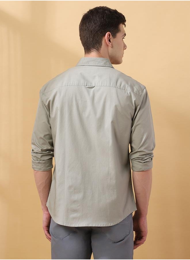 Dennis Lingo Men's Light Grey Poplin Solid Pattern Button Down Regular FiT-Shirt  - Image 2
