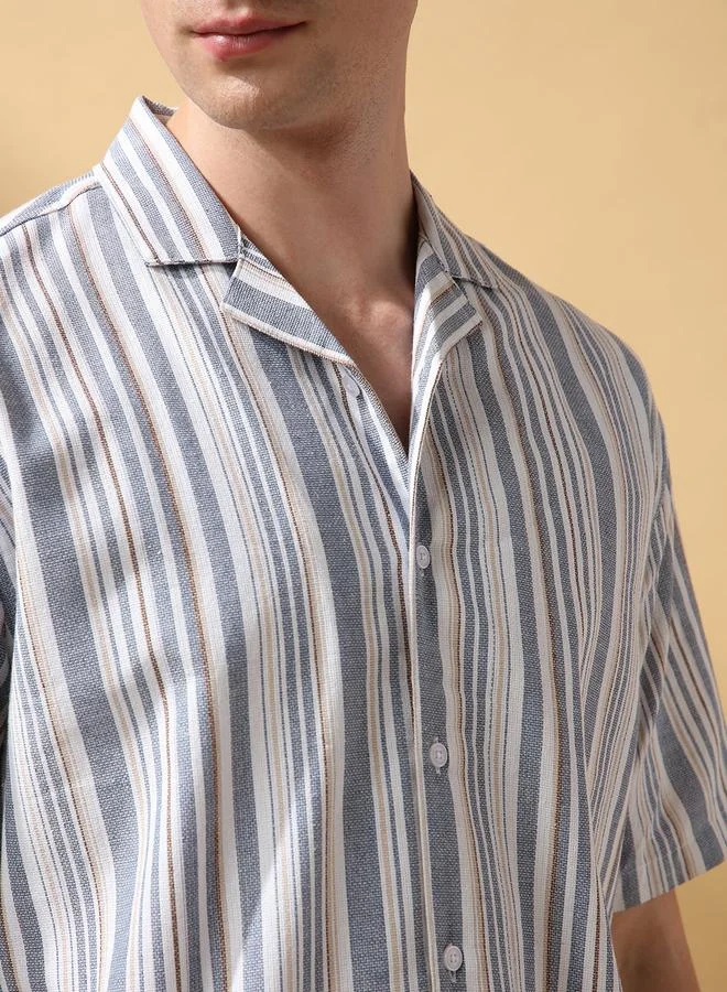 Dennis Lingo Men's Blue 100% Cotton Striped Button Down Relaxed Shirt