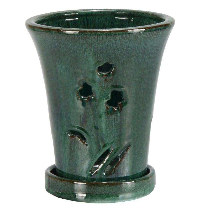 w w W&W Orchid Pot with Holes and Saucer for Repotting, 6 * 7 Inch, Green Mix - Image 2