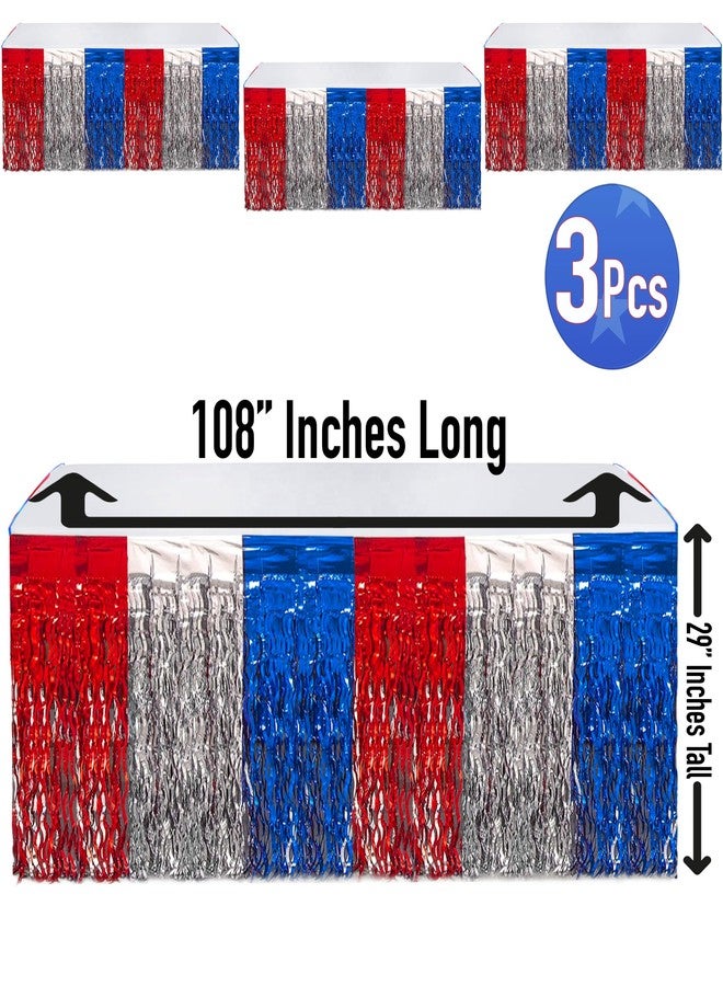 BASHOUT USA Metallic Table Skirt Set of 3, 108" x 29" Patriotic Fringe Table Skirts, Red White & Blue American Flag Tinsel Table Cover 4th of July Decorations, Memorial Day, Veterans & Election Party |BASHOUT - Image 2