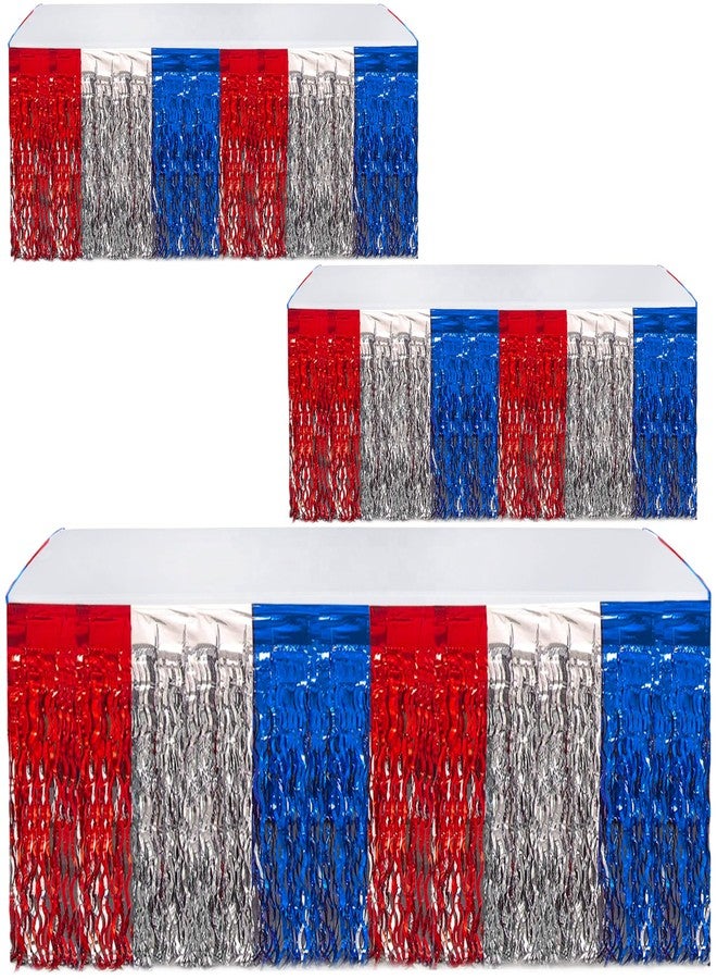 BASHOUT USA Metallic Table Skirt Set of 3, 108" x 29" Patriotic Fringe Table Skirts, Red White & Blue American Flag Tinsel Table Cover 4th of July Decorations, Memorial Day, Veterans & Election Party |BASHOUT - Image 1