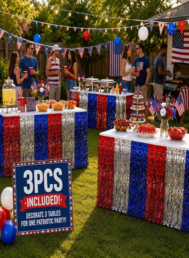 BASHOUT USA Metallic Table Skirt Set of 3, 108" x 29" Patriotic Fringe Table Skirts, Red White & Blue American Flag Tinsel Table Cover 4th of July Decorations, Memorial Day, Veterans & Election Party |BASHOUT - Image 3
