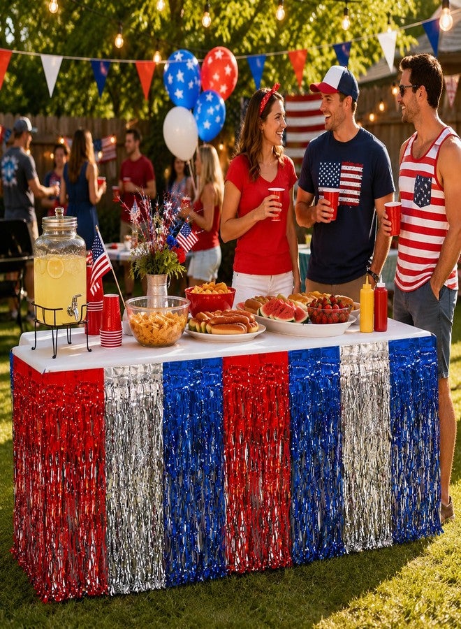 BASHOUT USA Metallic Table Skirt Set of 3, 108" x 29" Patriotic Fringe Table Skirts, Red White & Blue American Flag Tinsel Table Cover 4th of July Decorations, Memorial Day, Veterans & Election Party |BASHOUT - Image 4