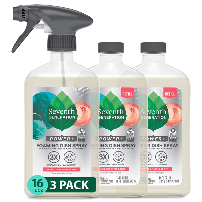 Seventh Generation Foaming Dish Spray Honey Crisp Apple 16 Fl Oz Pack of 3 Refill Pack of 3 with 1 Sprayhead