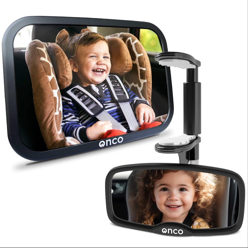 Onco Baby Car Mirror Set – Rearward & Forward-Facing Mirror, 100% Shatterproof & Shakeproof, Clear Wide View with 360° Rotation & Clip-On Design, Travel Essentials for Newborns & Babies - Image 1