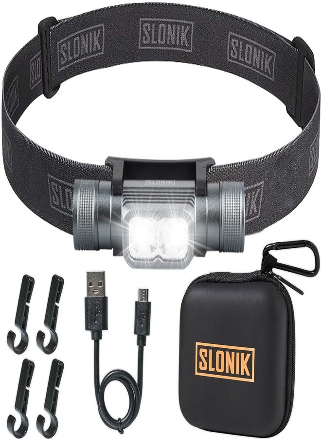 سلونيك مصباح رأس SLONIK قابل لإعادة الشحن - مصباح أمامي LED قابل لإعادة الشحن عبر USB بقوة 1000 لومن - مصباح رأس مقاوم للماء بدرجة IPX4 مع شعاع ضوء ساطع 60 قدمًا - معدات المشي لمسافات طويلة والتخييم في الهواء الطلق، أسود - مصباح رأس LED - Image 1