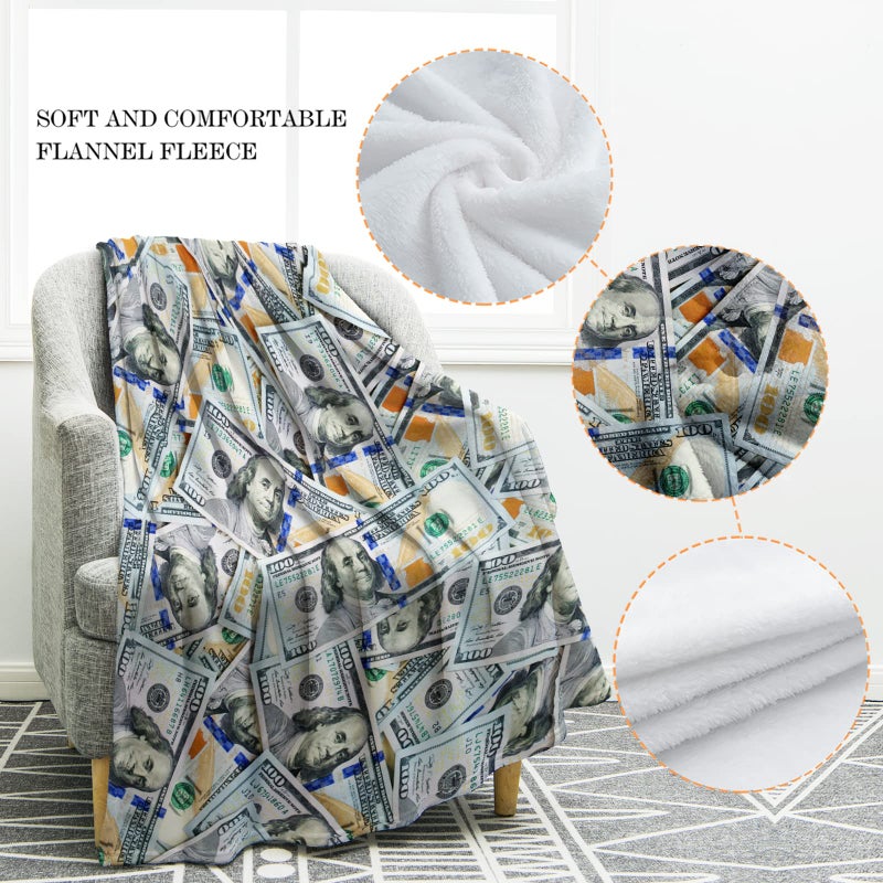 Jekeno Money Blanket 100 Dollar Bills Pattern Print Gifts for Women Kids Girls Men Birthday Halloween for Dad Mom Husband Wife Teens Wealth Bed Decor Throw Blankets 50"x60" - Image 3