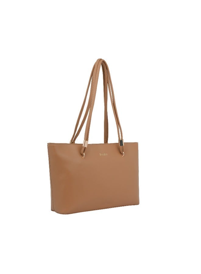 Foska Women's Large Tote & Shoulder Bag - Smooth PU Leather - Tan/Camel - 31.5x30 cm - Image 2