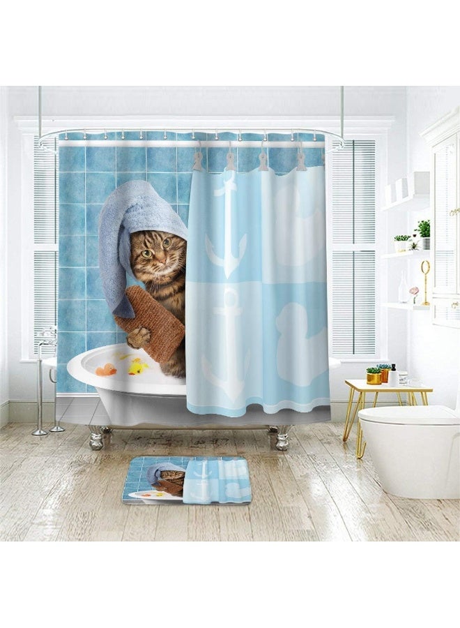 Riyidecor Funny Cat Shower Curtain 72Wx72H Kids Cute Cartoon Blue Bathing Animal Kitten Yellow Rubber Duck Head 12 Pack Fabric Hooks Wrapped Bath Towel Blue Decor Fabric Polyester - Image 3