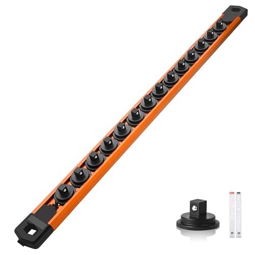Reniteco Magnetic Socket Organizer 14 Drive Aluminum Alloy Socket Rail Heavy Duty Magnetic Socket Holder with 14PC 360 Swivel Removable Clips Magnetic Socket Rack for Tool Box Drawer Orange - Image 1