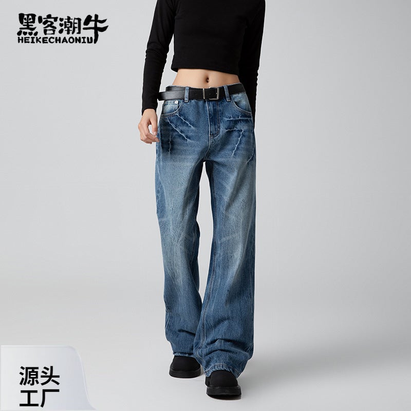 Men'S And Women'S American Style Retro Lightning Pattern Heavy Industry Washed Loose Slimming Straight Tube Micro-Lazar Jeans - Image 5